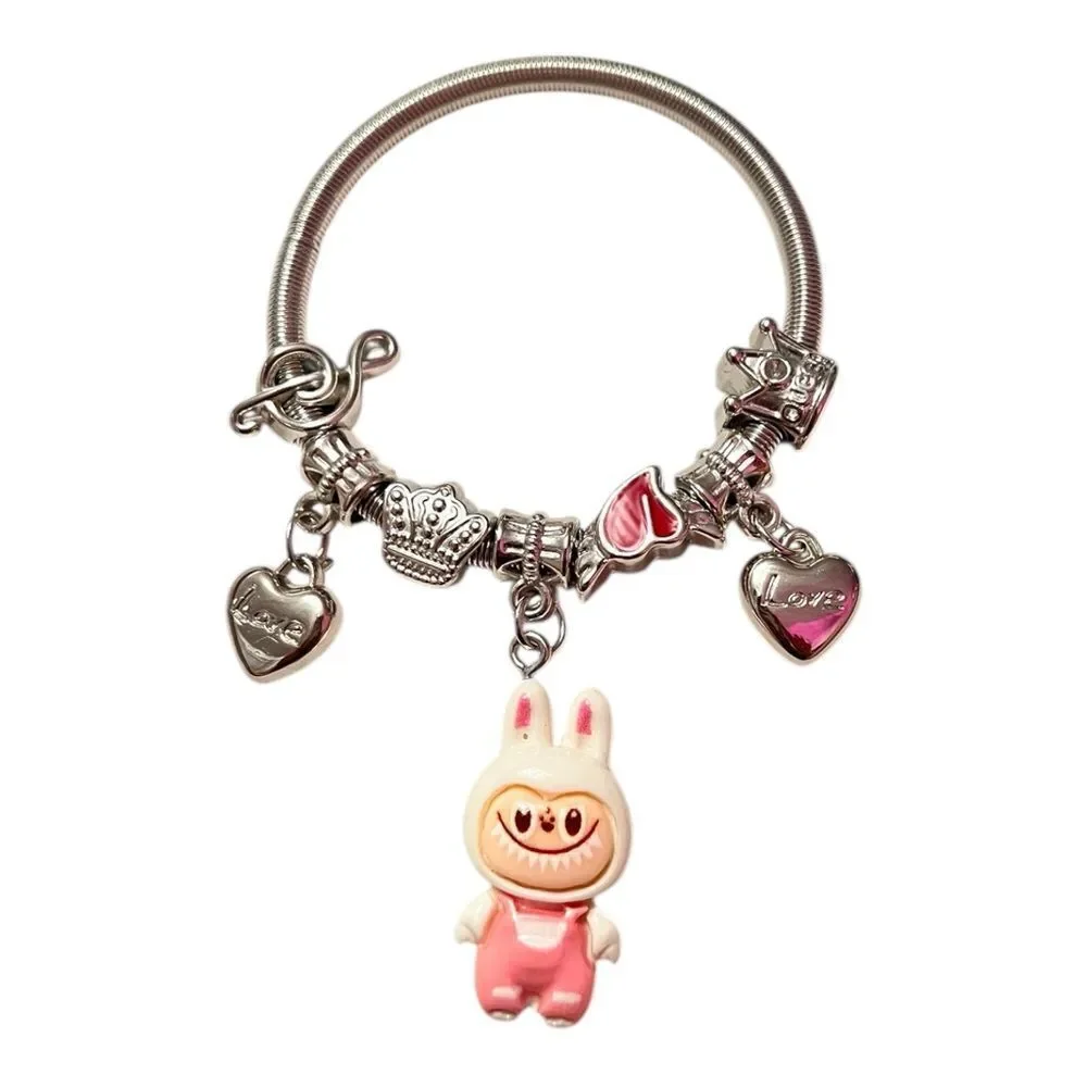🤯5/$25🤯 Stretchy White Labubu Love Heart Crown Note Silver Child Charm Bracelet